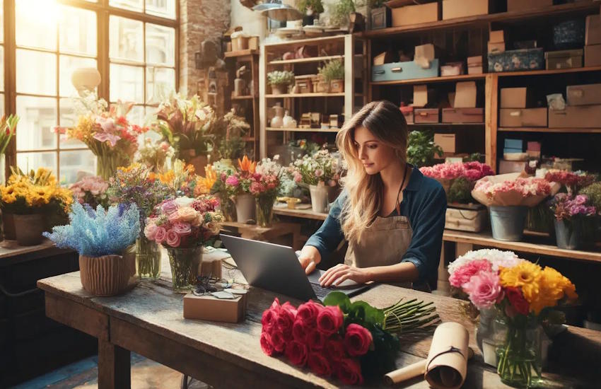 Florist using laptop