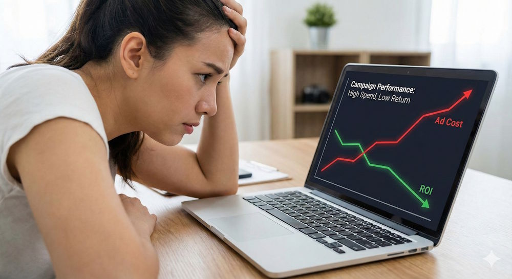 Tradie Looking at Laptop Screen with High Spend Low ROI Trend Graph